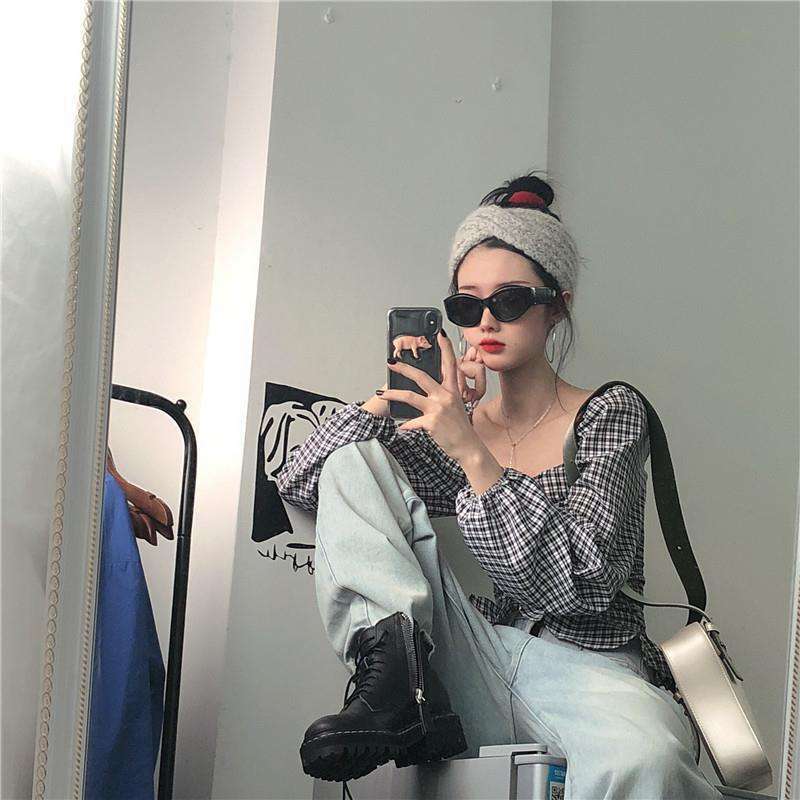 Pleated Slim Slimming Temperament Square Neck Short Bubble Long-sleeved Shirt