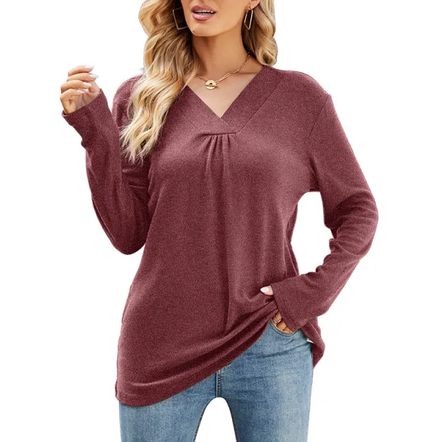Women's Casual V Neck Long Sleeve Loose T Shirt In Solid Color Wine Red - Shop at LoveMi
