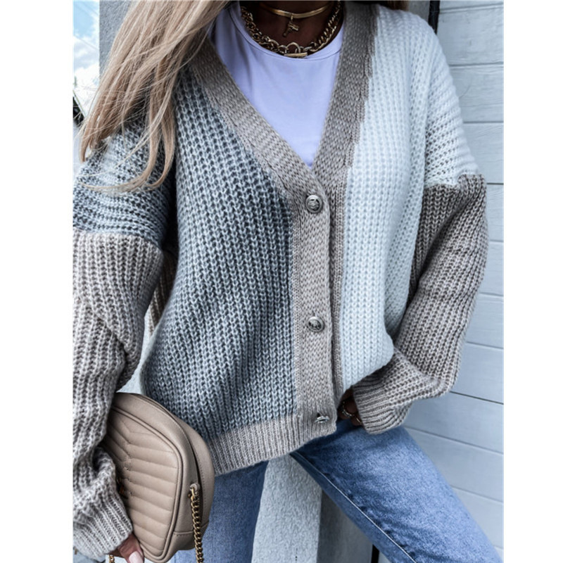 Women's Color Block Stitching Long-sleeved Woolen Cardigan Jacket Women's V-neck Sweater