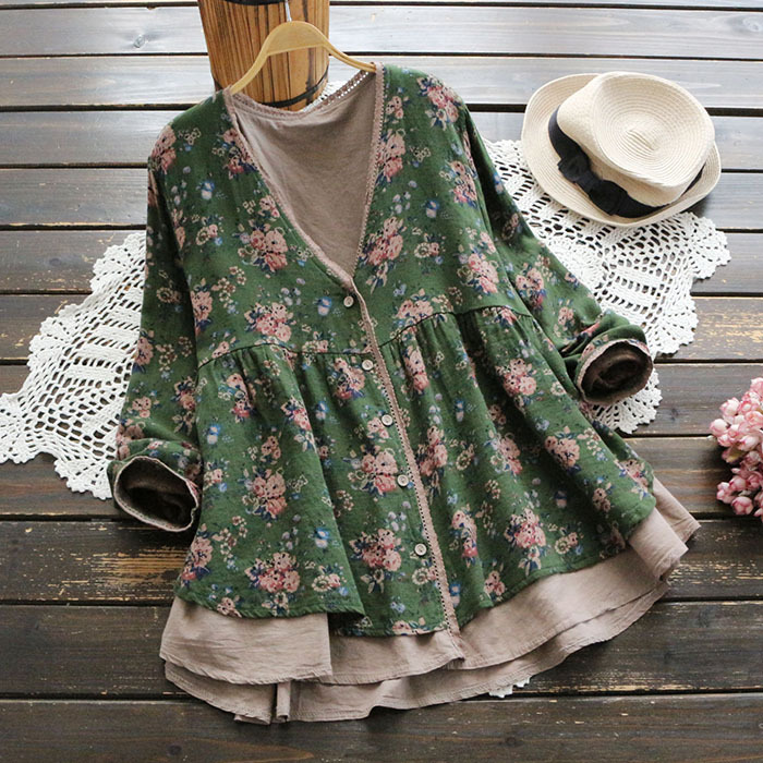Small Floral V-neck  Fake Two Long-sleeved Loose Large Size Blouses