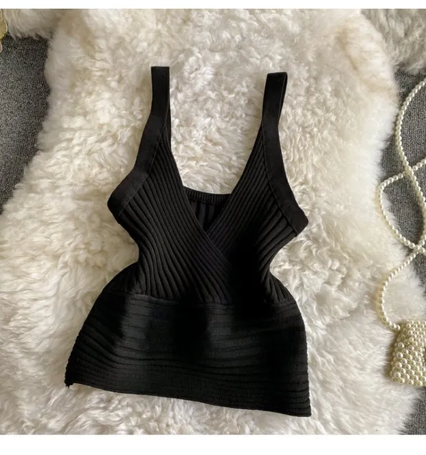 Vest V Neck With Solid Color High Waist Exposed Black - Shop at LoveMi