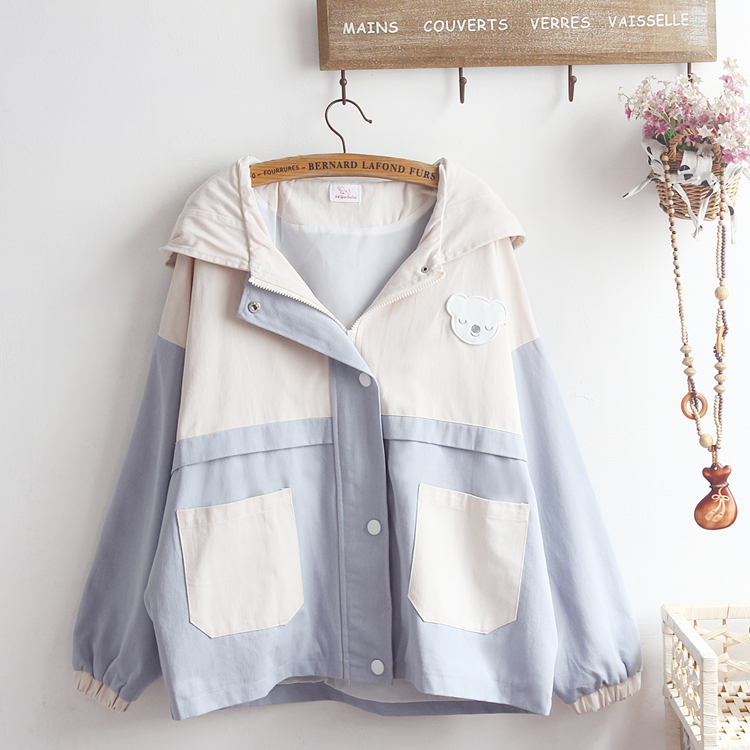 Lovely Couple  Zipper Cardigan, Cozy Bear Patch Color Block Loose Hooded Jacket