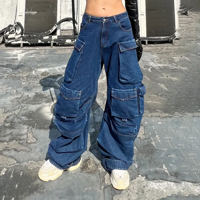 Fashion High waisted Personalized Stitching Denim Trousers Blue - Shop at LoveMi