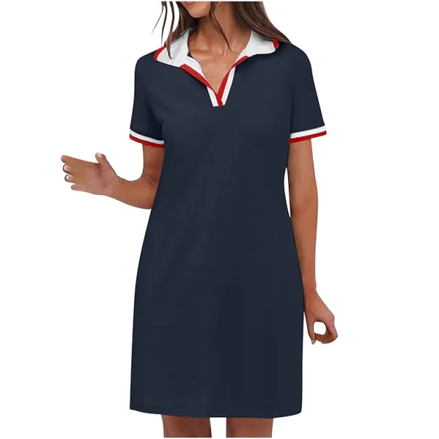 Women's Polo Dress Short Sleeve V Neck Casual Summer Mini Shirt Dress With Pockets Navy Blue - Shop at LoveMi