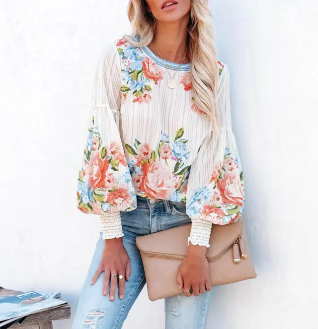 Spring Street Hipster Lantern Sleeve Positioning Flower Women's Round Neck Loose T shirt White - Shop at LoveMi
