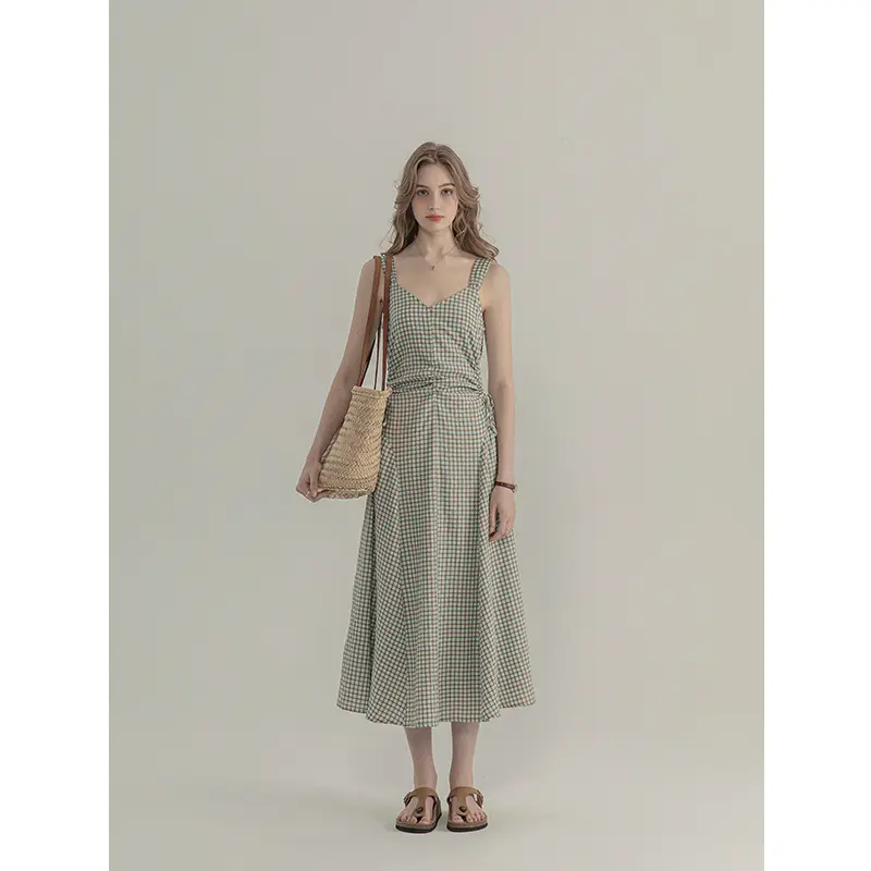 Plaid Sleeveless Halter Dress Woman
