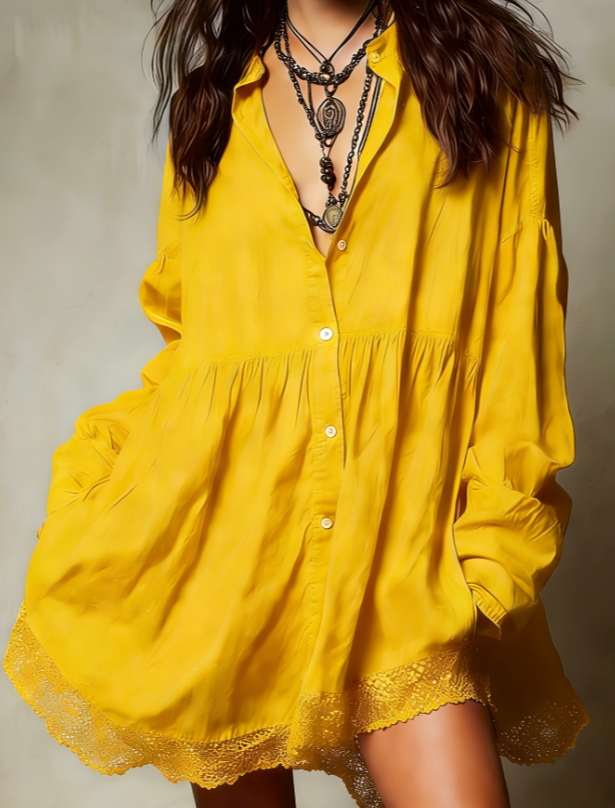 Lace-trimmed Collared Loose Babydoll Shirt Dress