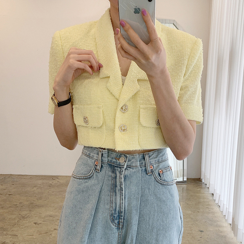 Temperament Loose Chic Pearl Button Double Pocket Tweed Short Coat