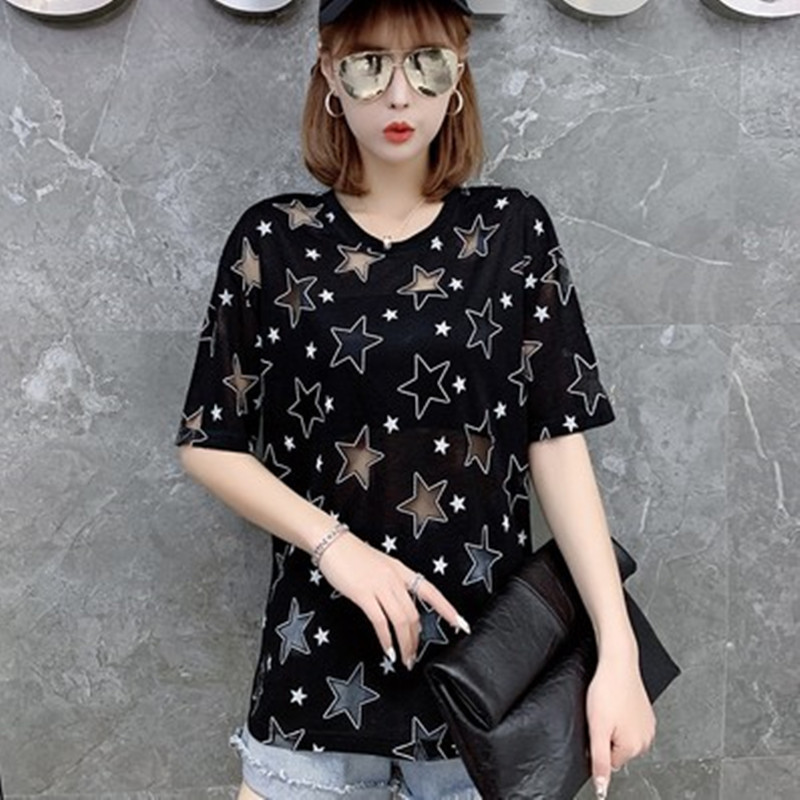 XINGX Top Loose Mesh Hollow Pentagram Short Sleeve T-shirt