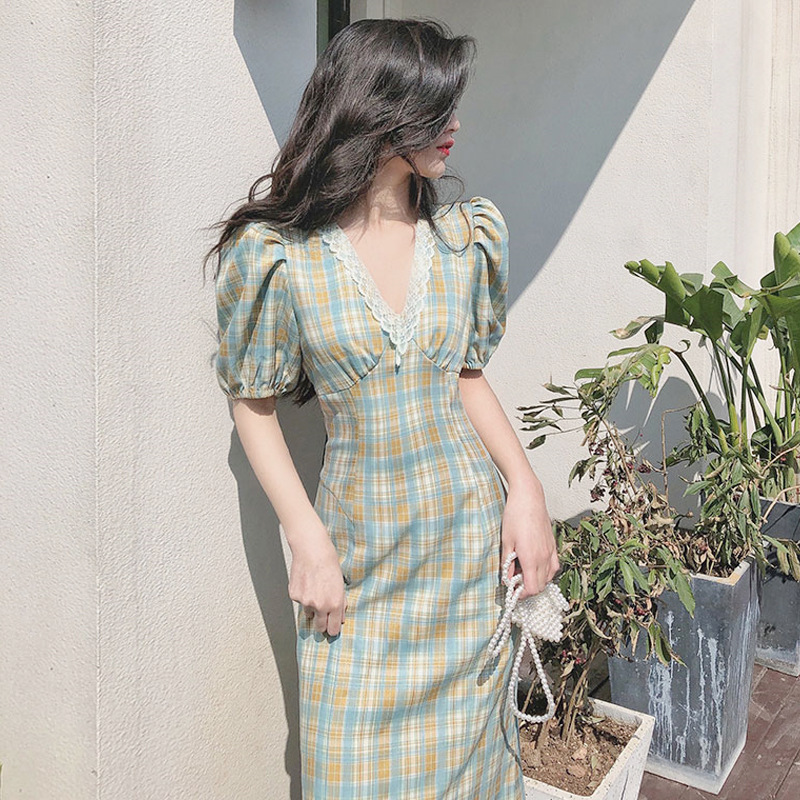 Puff-Sleeve Plaid Tea Dress