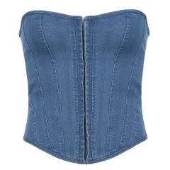Wavy Neck Fish Bone Slim Strap Solid Color Denim Strapless Vest - Blue - View 1