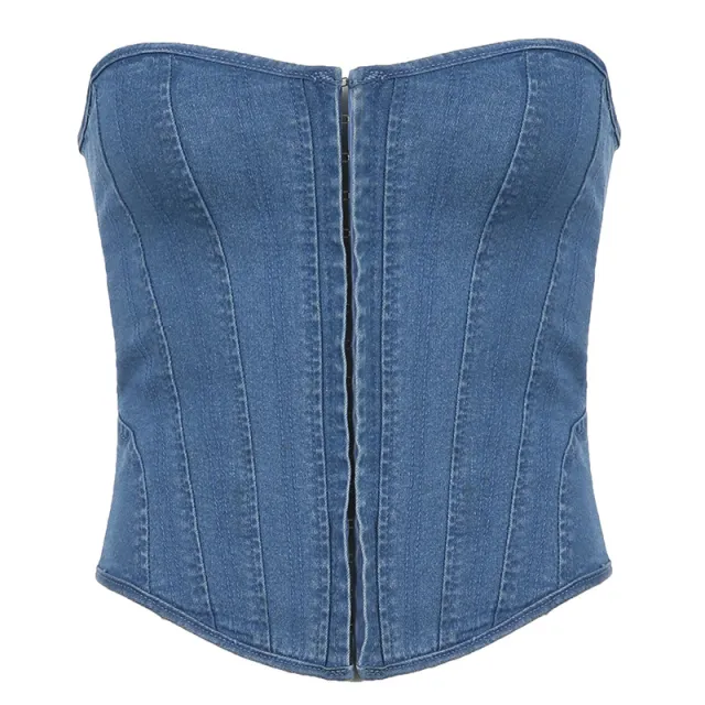 Wavy Neck Fish Bone Slim Strap Solid Color Denim Strapless Vest Blue - Shop at LoveMi