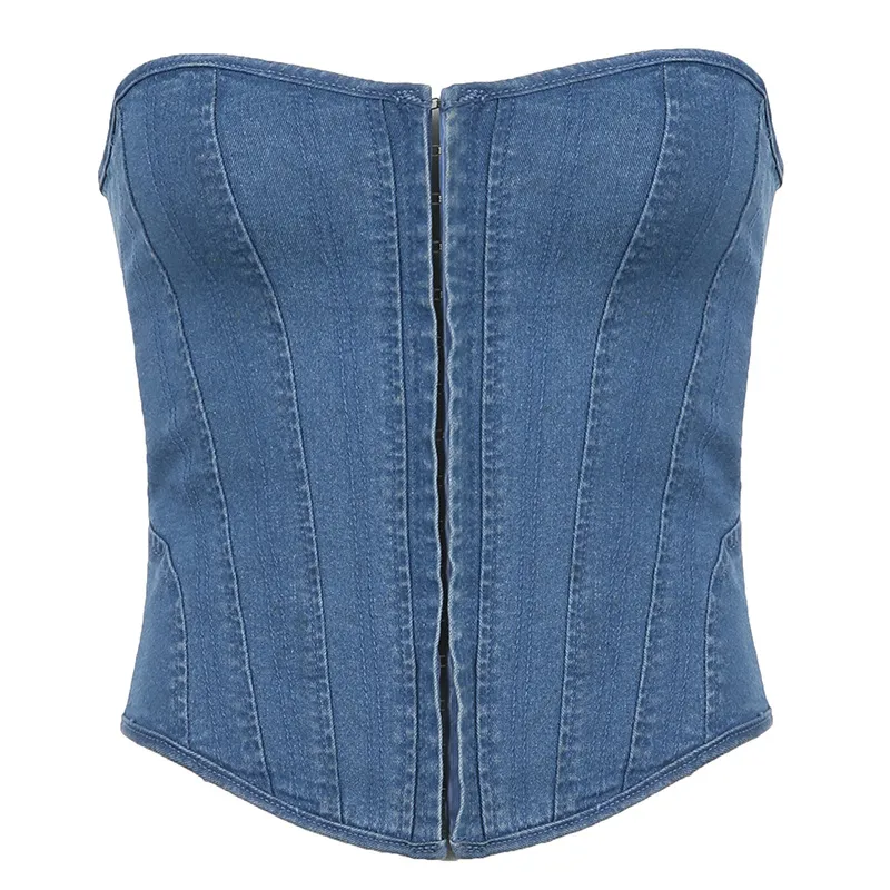 Wavy Neck Fish Bone Slim Strap Solid Color Denim Strapless Vest - Blue