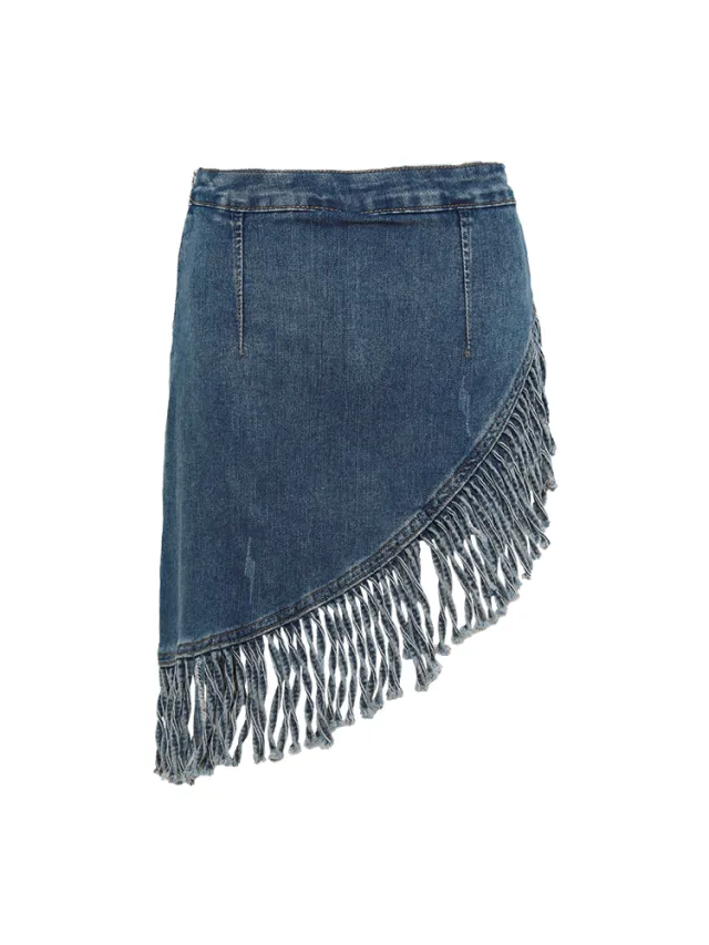 Women's Retro Irregular Tassel Denim Skirt Blue - Shop at LoveMi