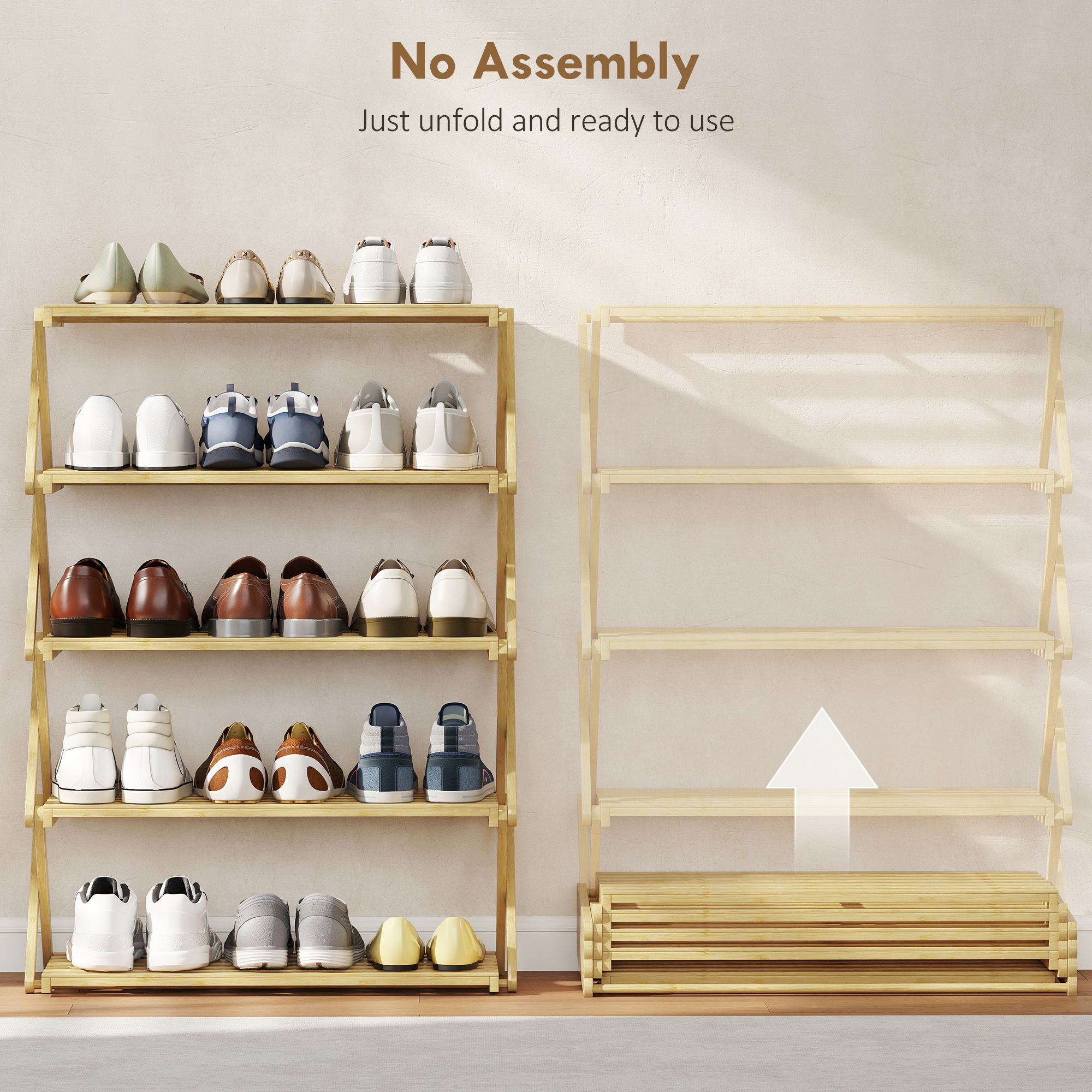 Three Layer Folding Bamboo Shoe Rack - Natural Color — image 3