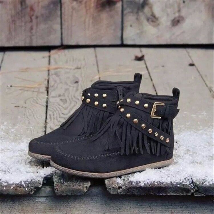 Retro Ankle Boots With Rivet Tassel Flat Shoes Women Winter Boots - Image 3