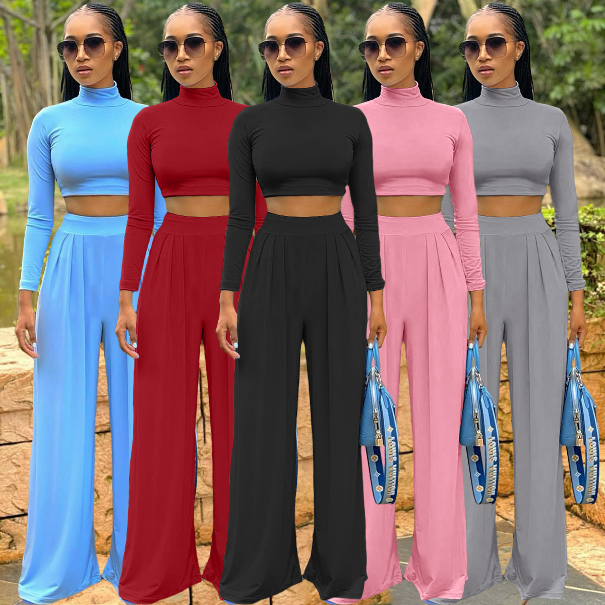 High Neck Solid Color Casual Wide Leg Suit