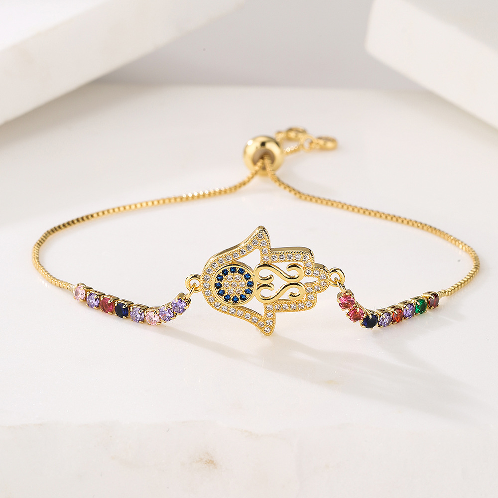 Title 2, Gold Zircon Fatima Hand Geometric Charm Bracelet