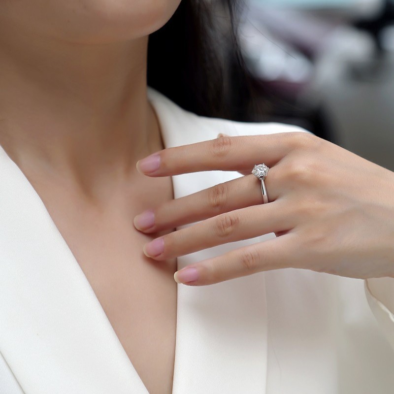 Pure Silver Ring For Women With Six-Petal Moissanite Setting