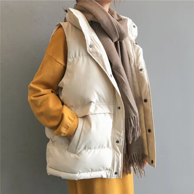 Women's Loose Short Down Cotton Vest Jacket Beige - Shop at LoveMi