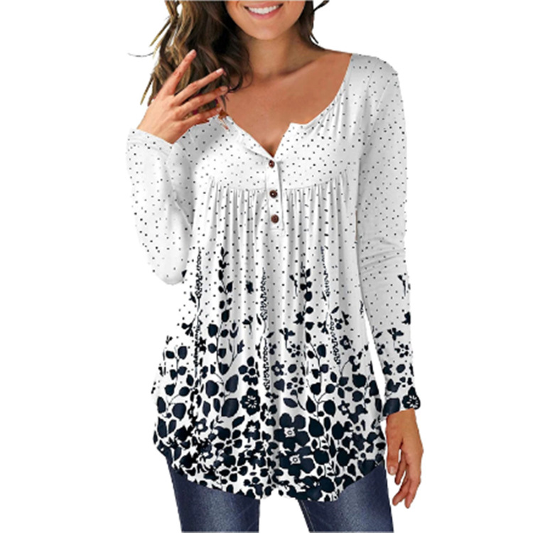 Printed V-neck Button Top Casual Women's Short-sleeved T-shirt