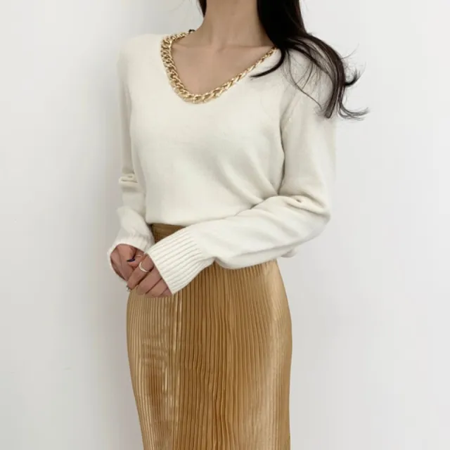 Chic V neck Chain Pullover Sweater For Women Apricot - Shop at LoveMi