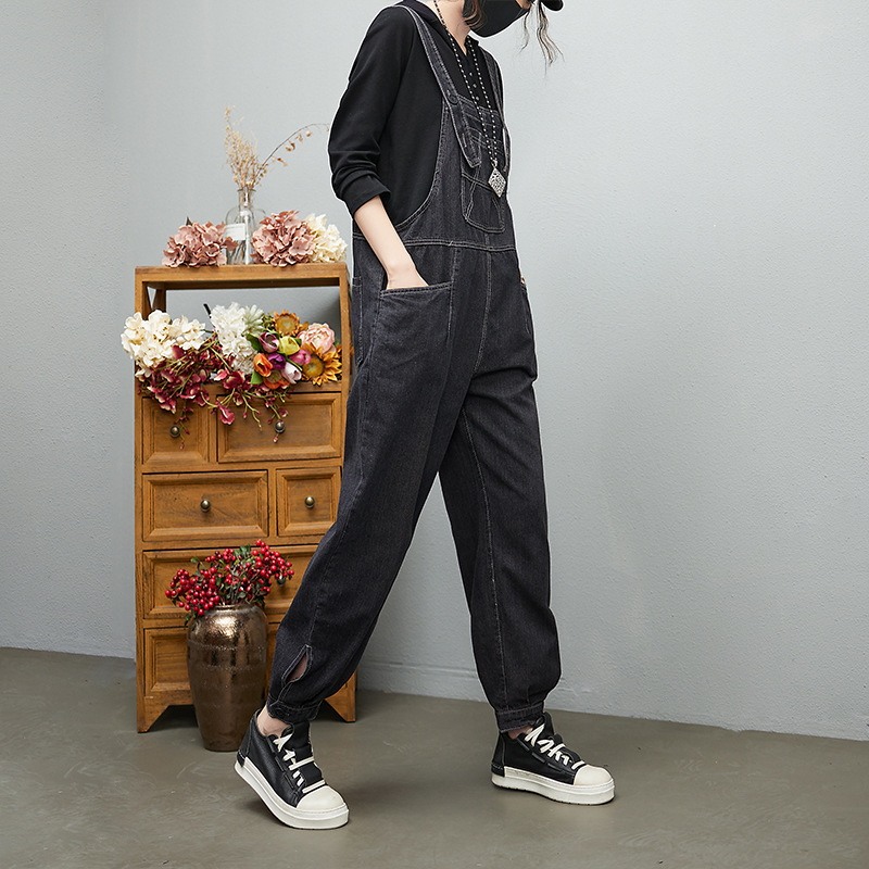 Loose Solid Color Large Size Jean Suspenders Black - Shop at LoveMi