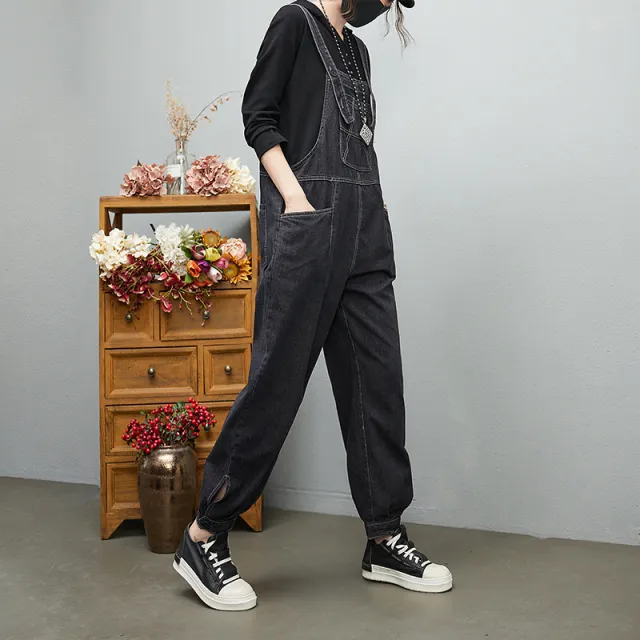 Loose Solid Color Large Size Jean Suspenders Black - Shop at LoveMi