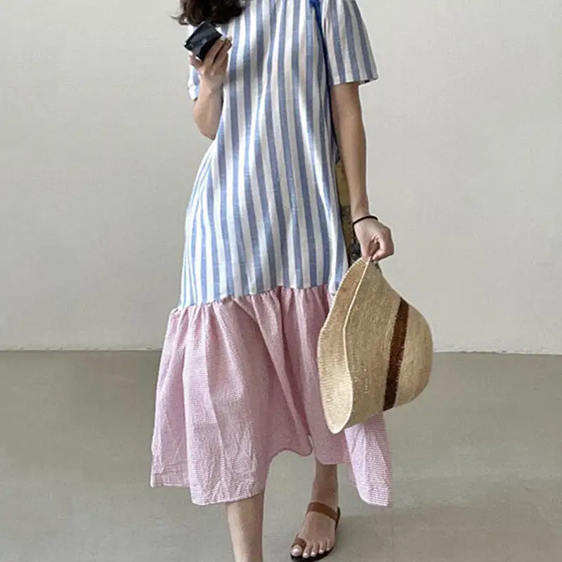 Round Neck Stitching Striped Short-sleeved Long Flowing Dress