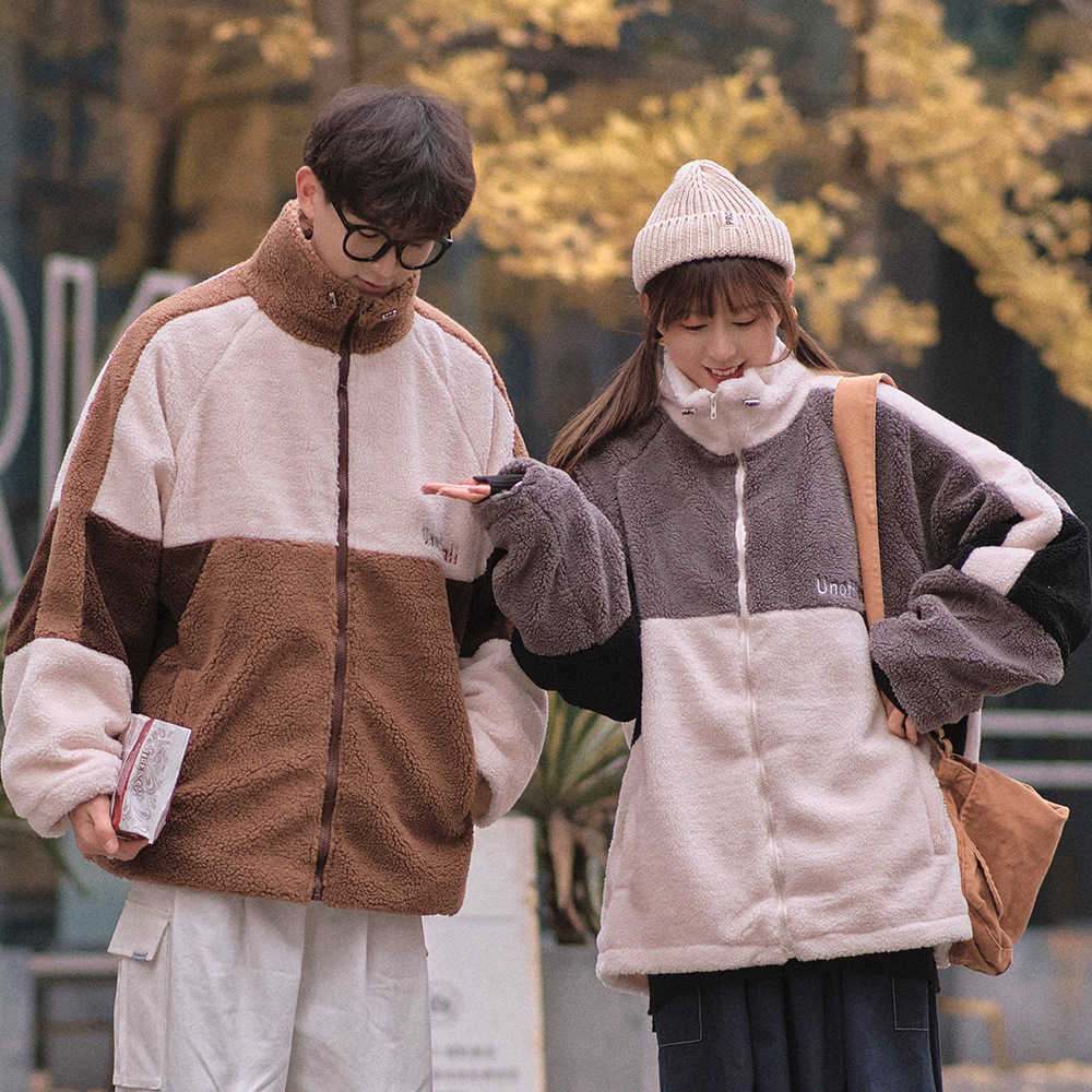 Lovers Lazy Style Color Matching Loose Lamb Down Thick Cotton Jacket