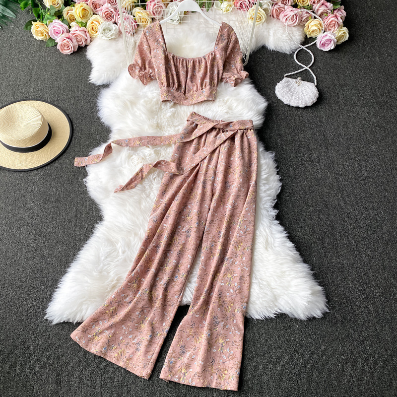 Women's Fashion Square Collar Floral Shirt Top Casual Wide Leg Pants Two-piece Set