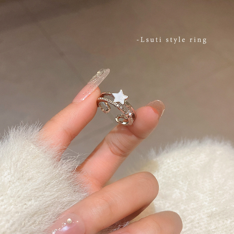 1PCS Ins Style Silver Zircon Ring For Women, Light Luxury Minimalist Design, Adjustable Open Band, Versatile Elegant Jewelry