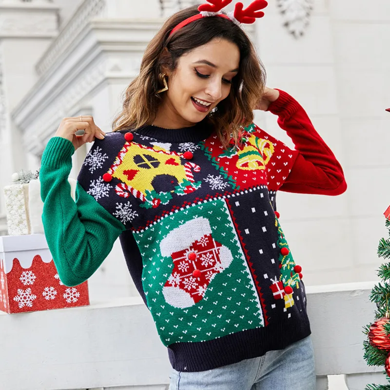 Women's Christmas Tree Snowflake Knitted Sweaters Long Sleeve Crew