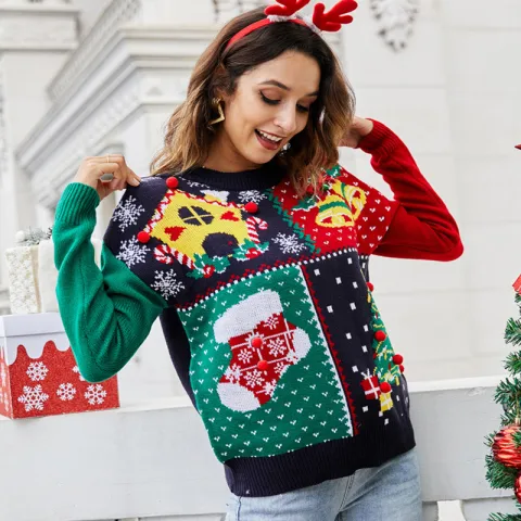 Women's Christmas Tree Snowflake Knitted Sweaters Long Sleeve Crew