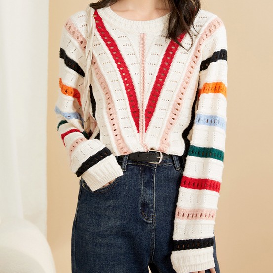 Contrast Hollow-out Striped Sweater For Women