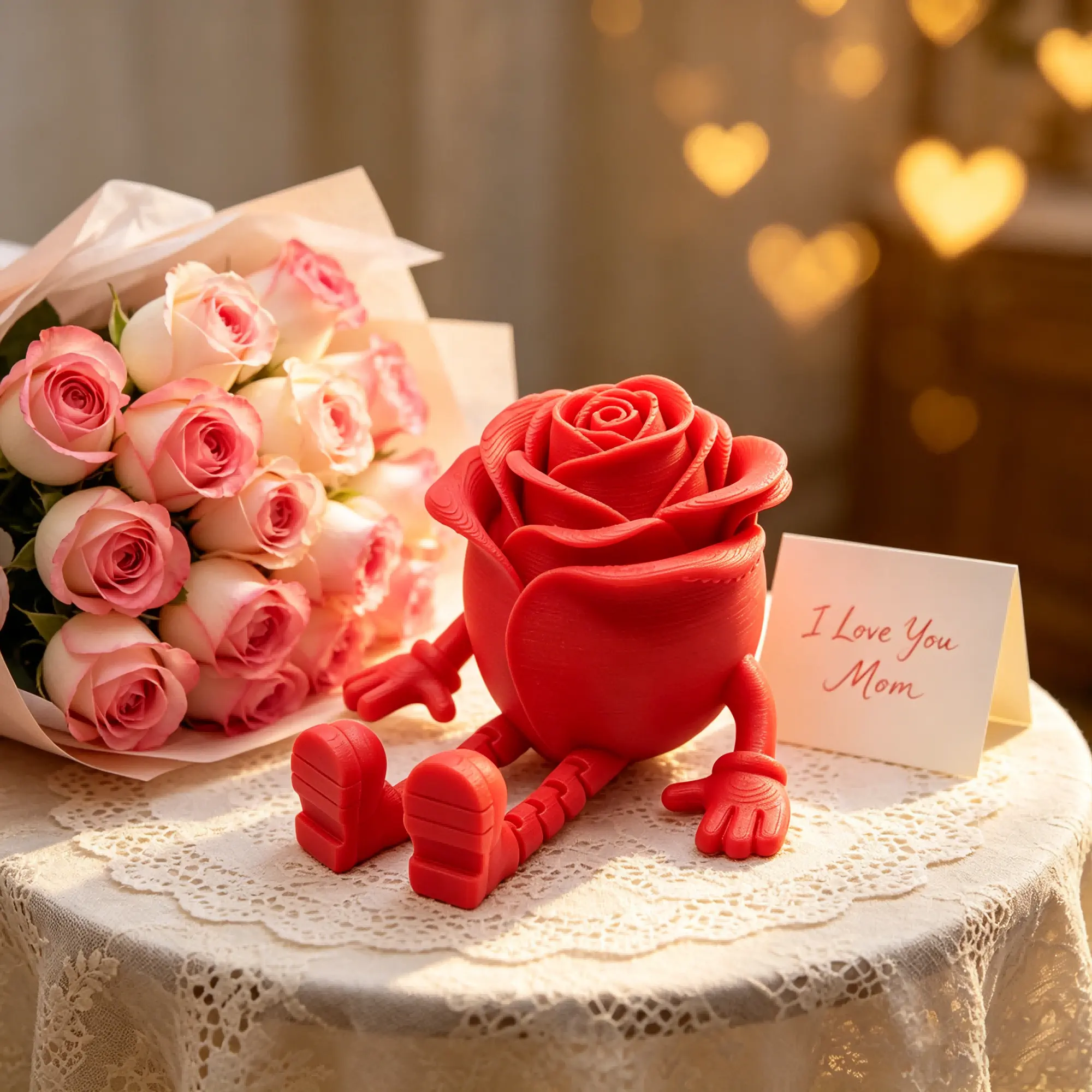 3D Printed Articulated Red Rose Sitting Figurine
