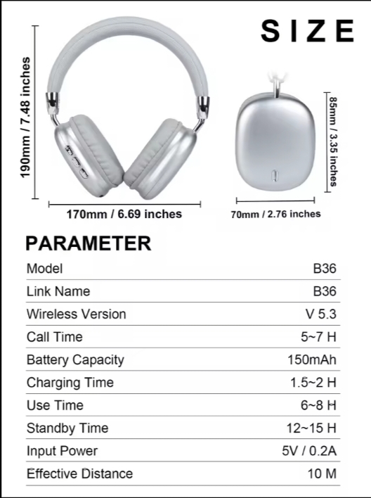 Wireless Bluetooth Over Ear Headphones With Built In Mic thumbnail 4