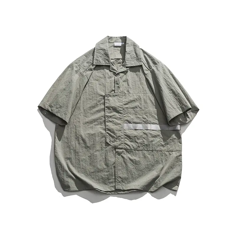 Vintage Large Pocket Blue Japanese Cuban-collared Shirt Summer Workshirt