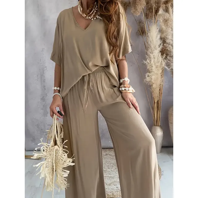 Women's Outfit, Casual Solid Color V Neck Half Sleeve Top And Wide Leg Pants Lounge Set Khaki - Shop at LoveMi