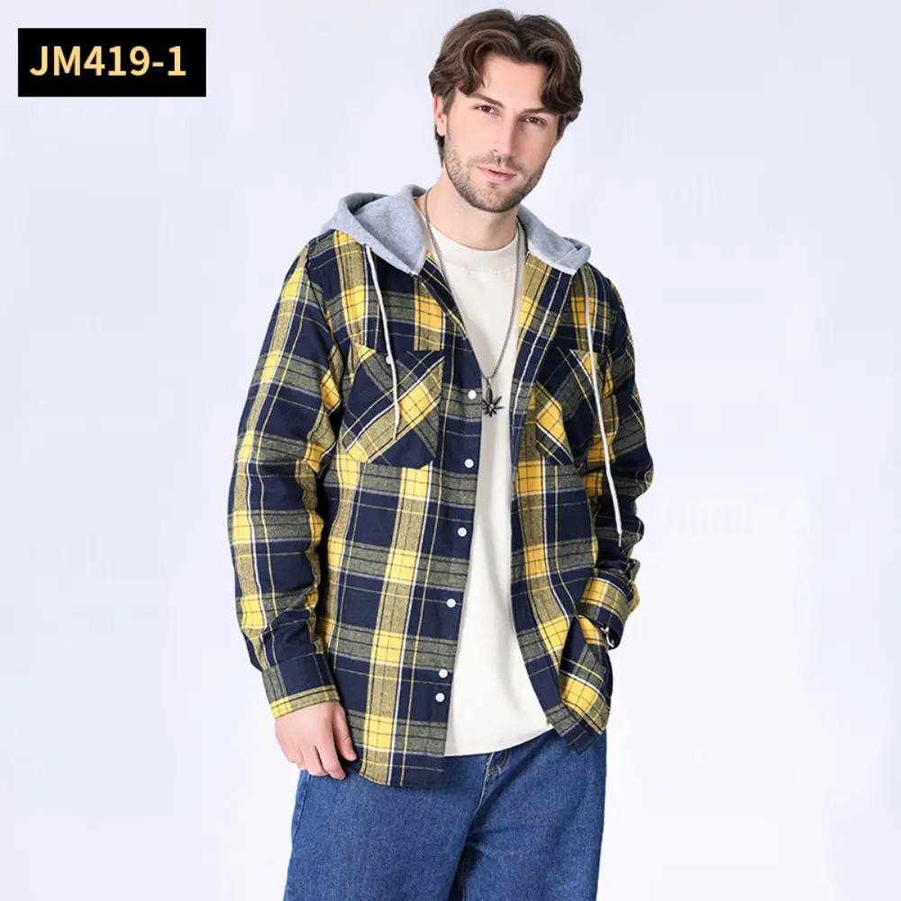 Jacket - Men's Hooded Plaid Casual Shacket