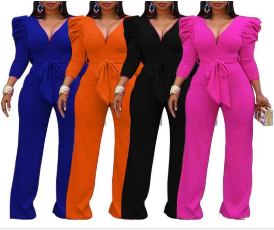 Temperament Commuter V-neck Trousers Jumpsuit Straight Wide Leg