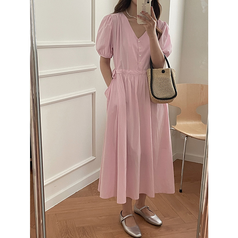 Temperament Retro Gentle Simple Solid Color V-Neck Skirt
