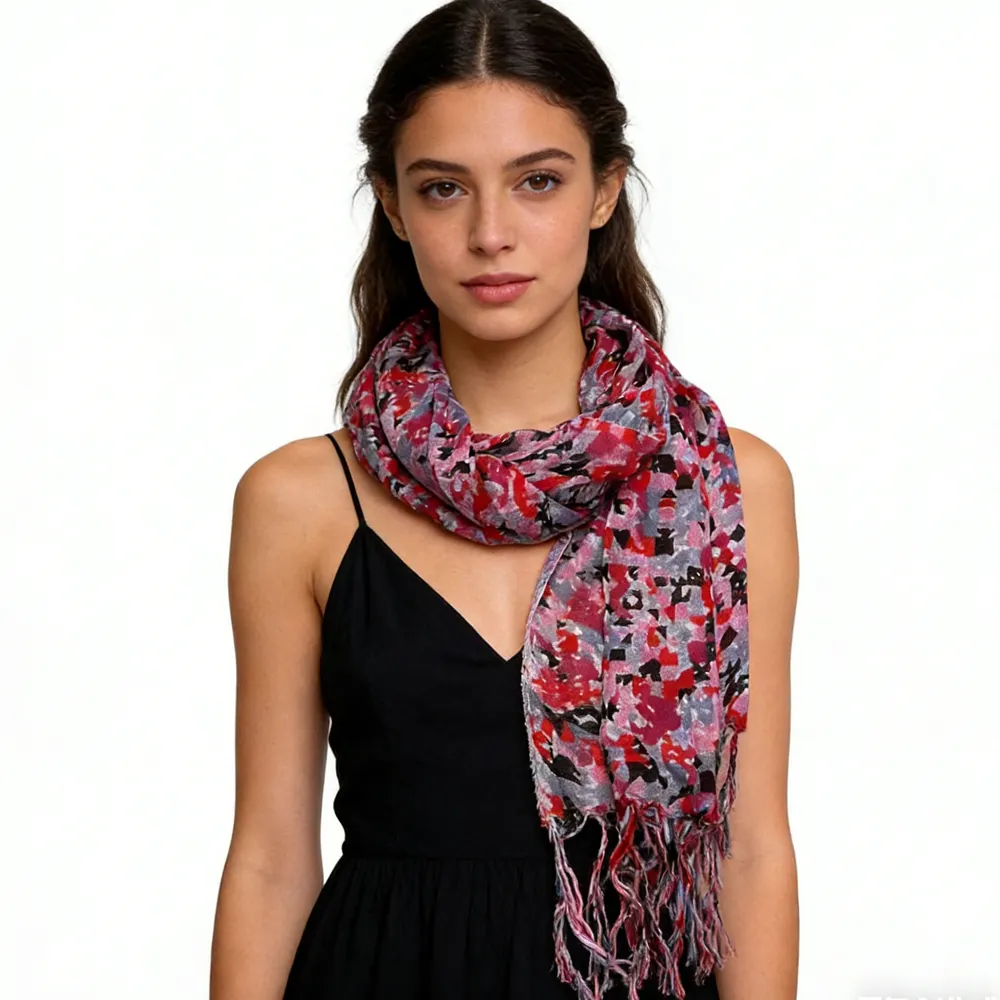 Red Printed Viscose Scarf - Flowy Long