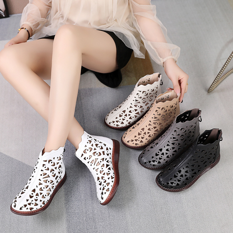 Middle-aged Cowhide Ethnic Style Round Toe Large Size Ankle Boots