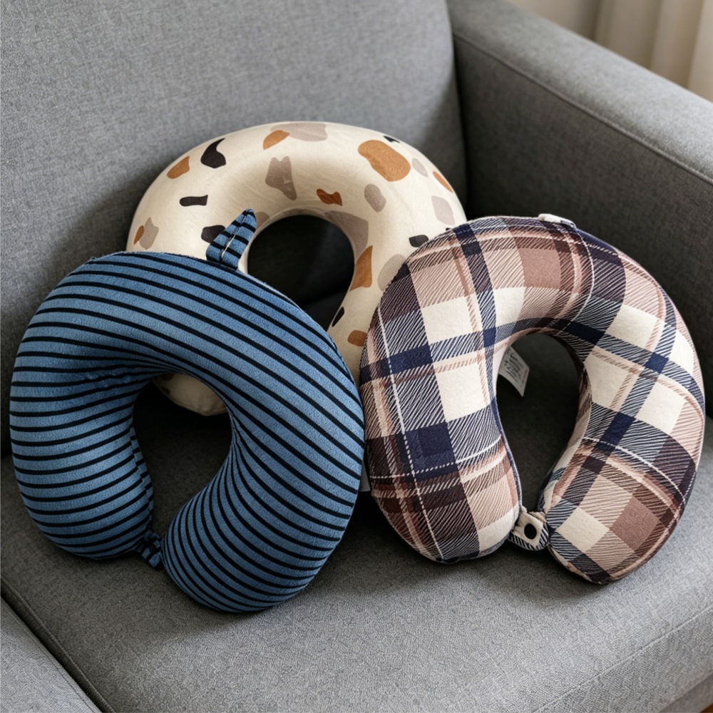 Printed Pattern Memory Foam U Shaped Neck Pillow, Snap Button Travel Pillow For Airplane Car Office Naps