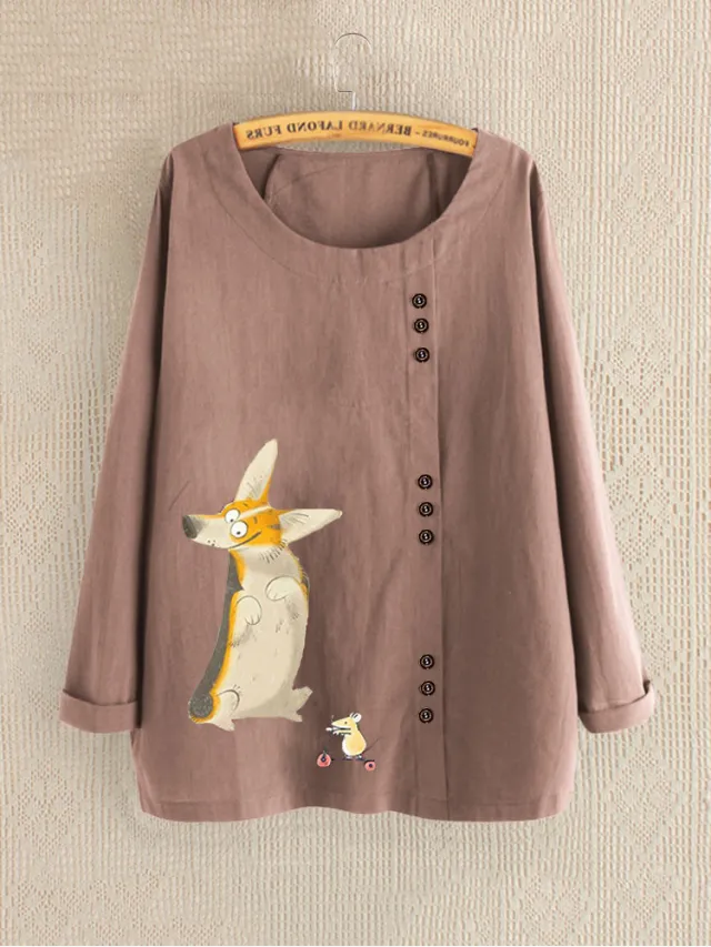 New Cotton And Linen Round Neck Cartoon Cute Printing Long Sleeves Type B Pink - Shop at LoveMi