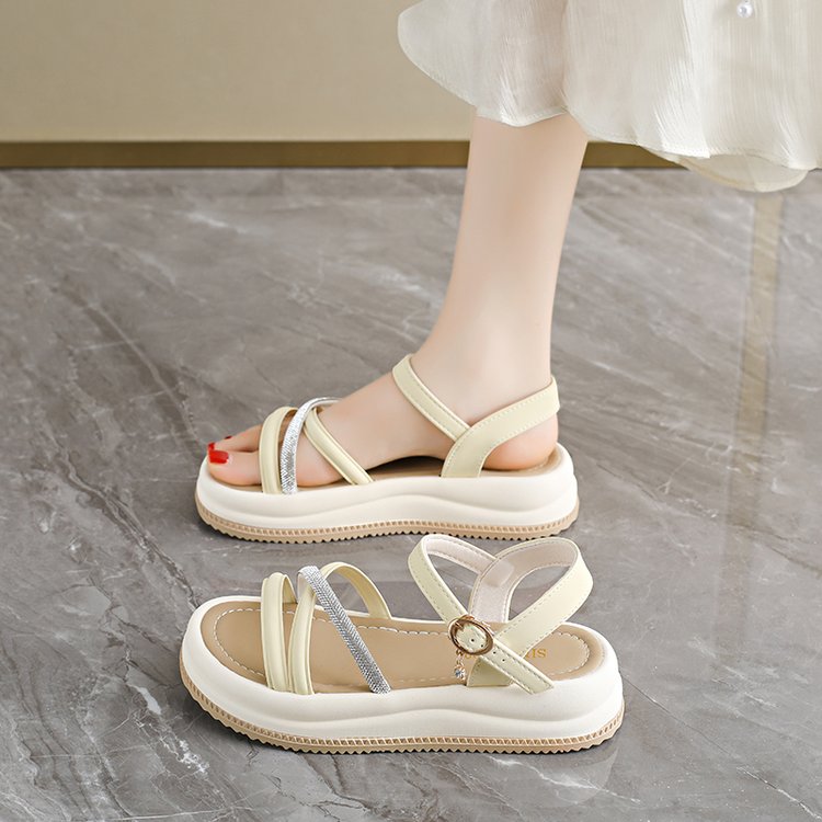 Women's Rhinestone Strap Platform Wedge Sandals, Open Toe Buckle Ankle Strap Summer Shoes