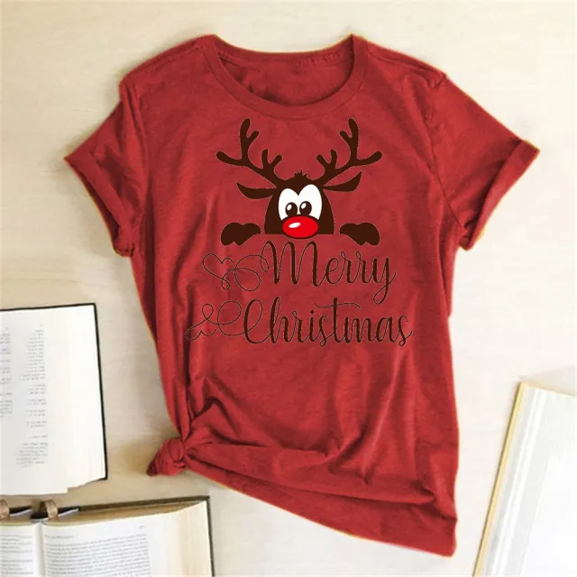Ladies Fashion Elk Print T Shirt Short Sleeve Wine Red - Shop at LoveMi