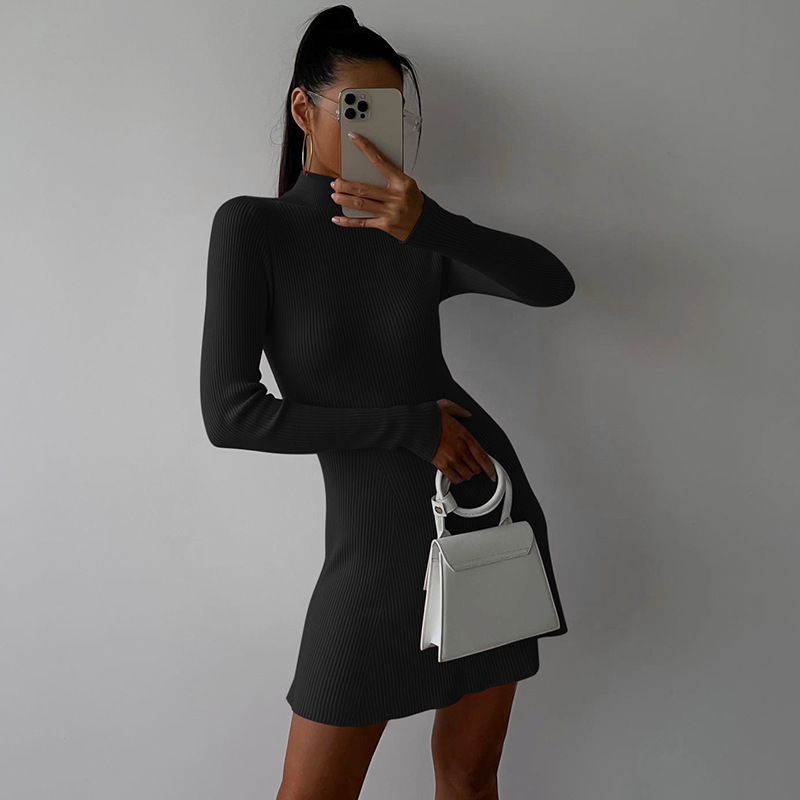 Solid Color Slim Long Sleeve Knitted Dress Black - Shop at LoveMi