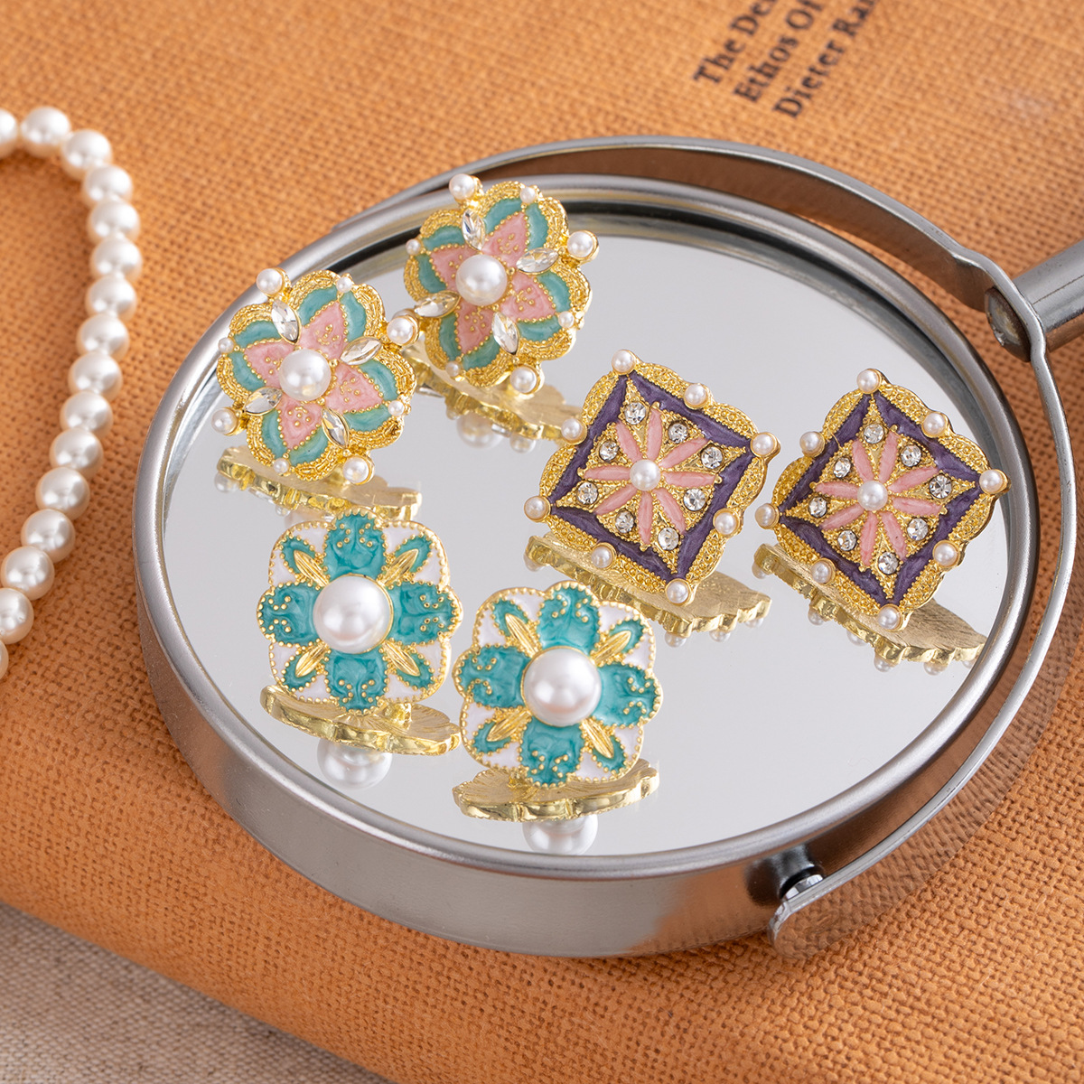 Silver Needle Chinese Style Enamel Flower Stud Earrings For Women Exquisite Rhinestone Pearl Luxury